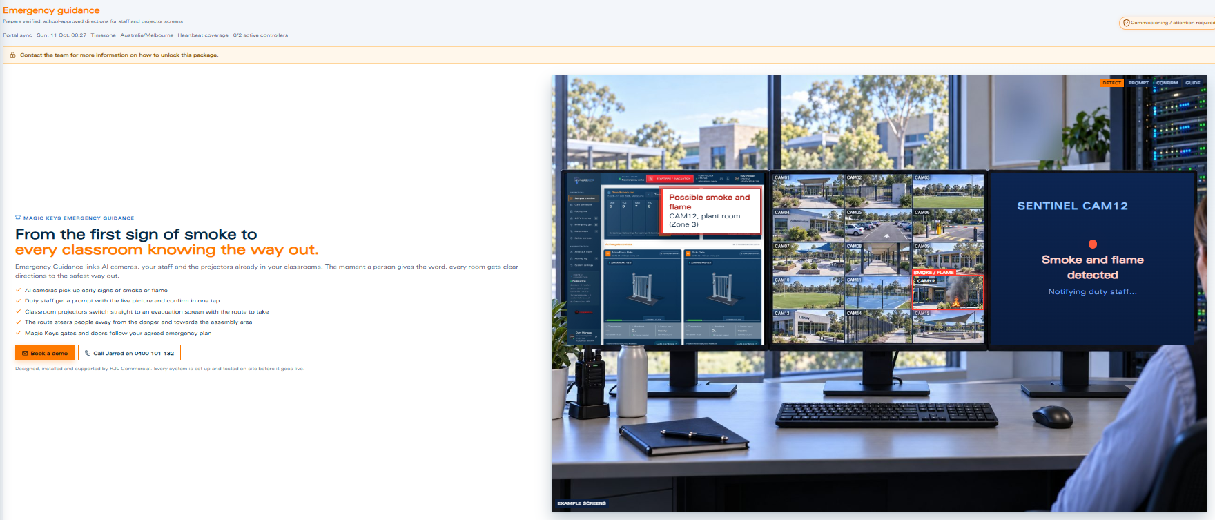 Illustrative workstation with a fire detection prompt and staff confirmation