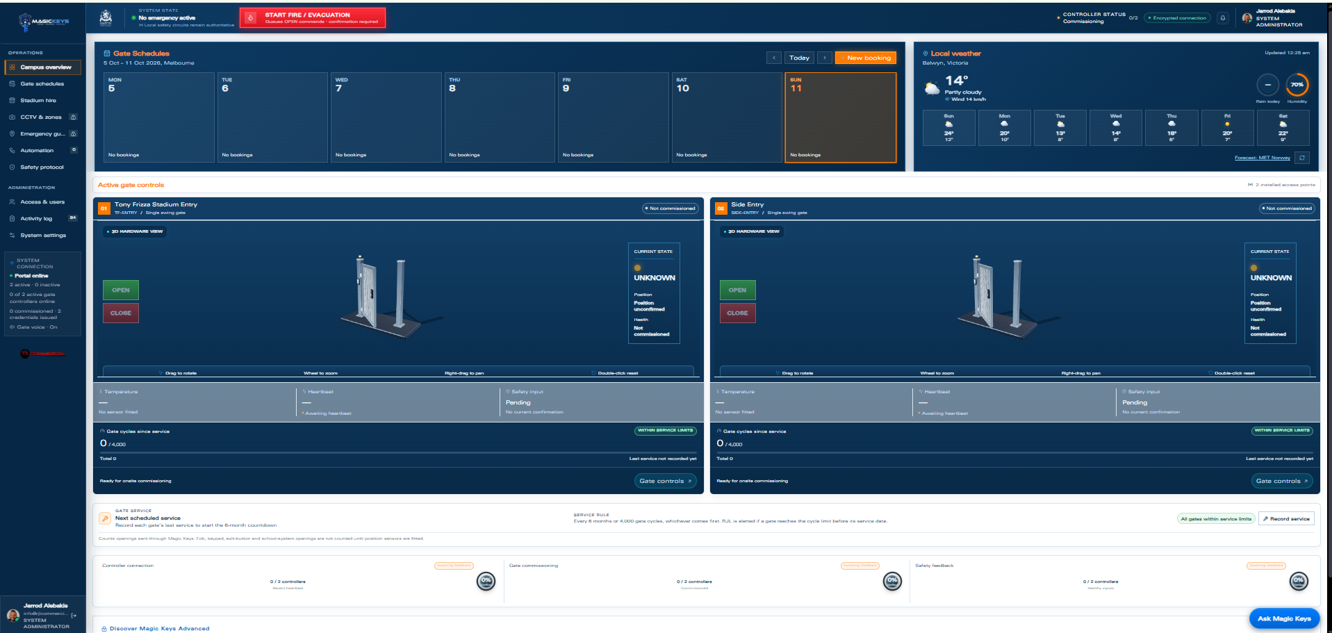 Portal overview with gate controls, weather, a calendar and service settings